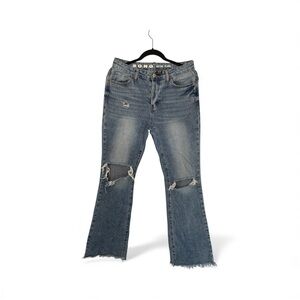 Retro Flare Button Fly Distressed Ripped Knee Jeans size M 7/28
